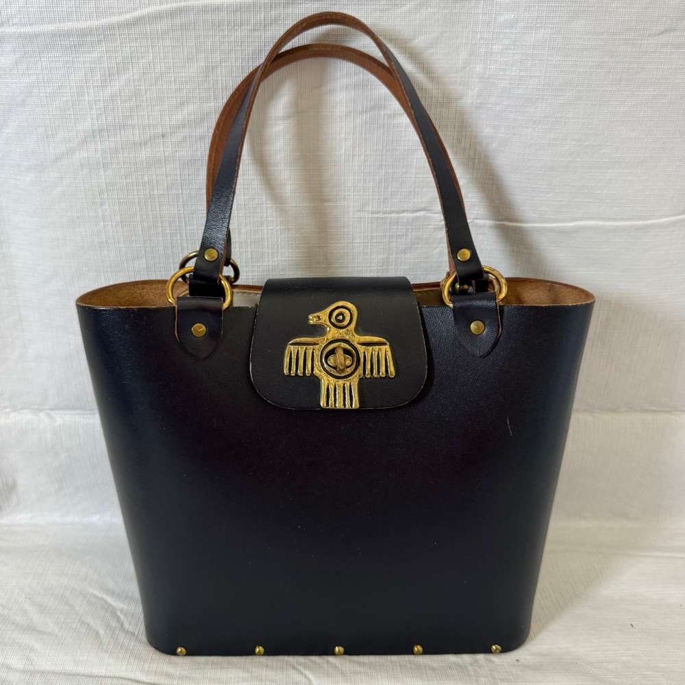 Vintage Collins of Texas Thunderbird Black Leather Box Tote Bag Cowgirl Chic